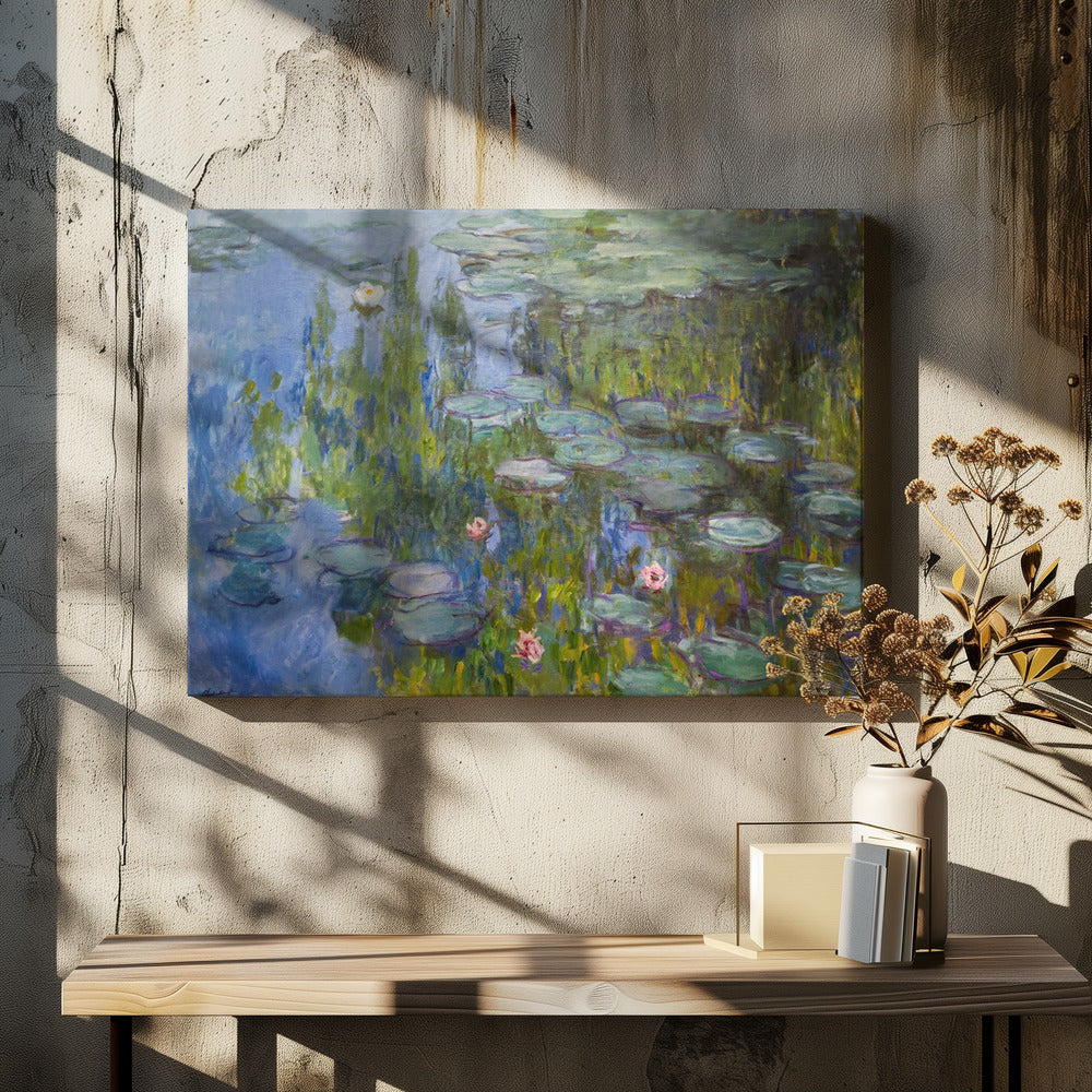 A framed impressionist painting of a water lily pond. The artwork features shades of blue water, numerous green lily pads, and scattered white and pink flowers, all rendered with visible, textured brushstrokes in the style of Monet. Wall Art