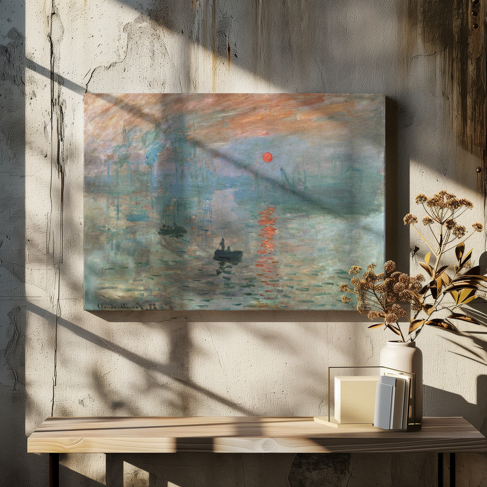A framed Impressionist painting by Claude Monet titled 'Impression, Sunrise.' It depicts a hazy, misty harbor scene with a bright red-orange sun rising in the sky and reflecting on the water. Silhouettes of boats and industrial ships are visible through the fog. Wall Art