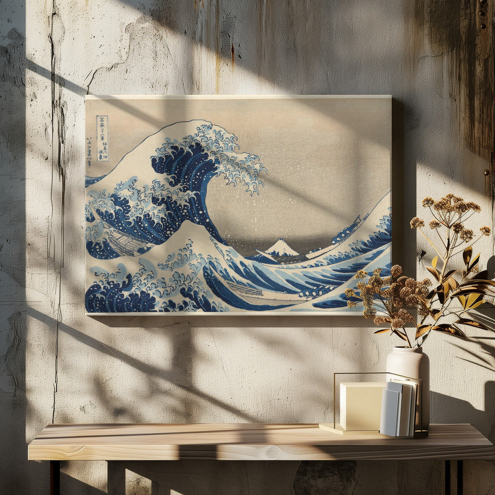 The Great Wave off Kanagawa by Hokusai, a famous Japanese ukiyo-e woodblock print. It depicts a massive, deep blue wave with claw-like white foam cresting and about to crash over three boats, with a small, snow-capped Mount Fuji visible in the background under a pale, graded sky. Artwork