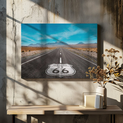 A framed photograph of the iconic Historic US Route 66 shield painted on a long, straight asphalt road that stretches through a desert landscape toward distant snow-capped mountains under a vibrant blue sky. Wall Art