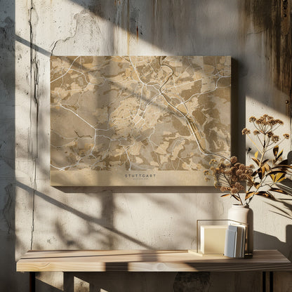 A framed, stylized map of Stuttgart, Germany, in shades of brown and beige. Major roads and waterways are highlighted in a contrasting cream color, creating a detailed and modern look. The city name 'STUTTGART' is written at the bottom. The entire map is enclosed in a simple silver-colored frame. Poster