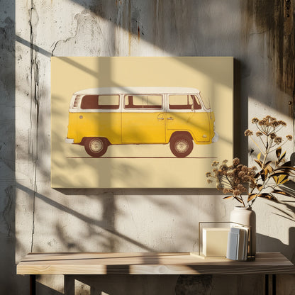 A vintage-style, framed illustration of a classic yellow and white camper van in side profile against a solid pale yellow background. The artwork has a retro, printed texture. Decor