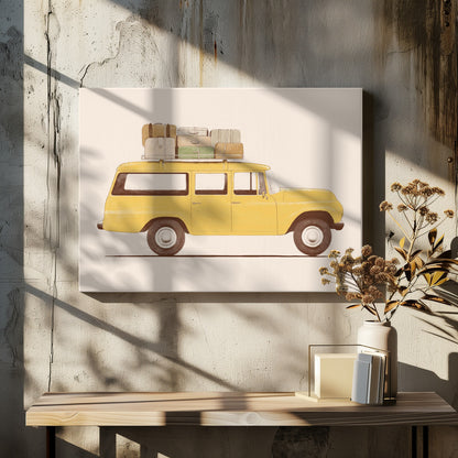 A side-profile illustration of a vintage yellow station wagon with a stack of luggage strapped to its roof rack. The car is set against a solid cream-colored background, giving the artwork a retro and minimalist feel. Decor