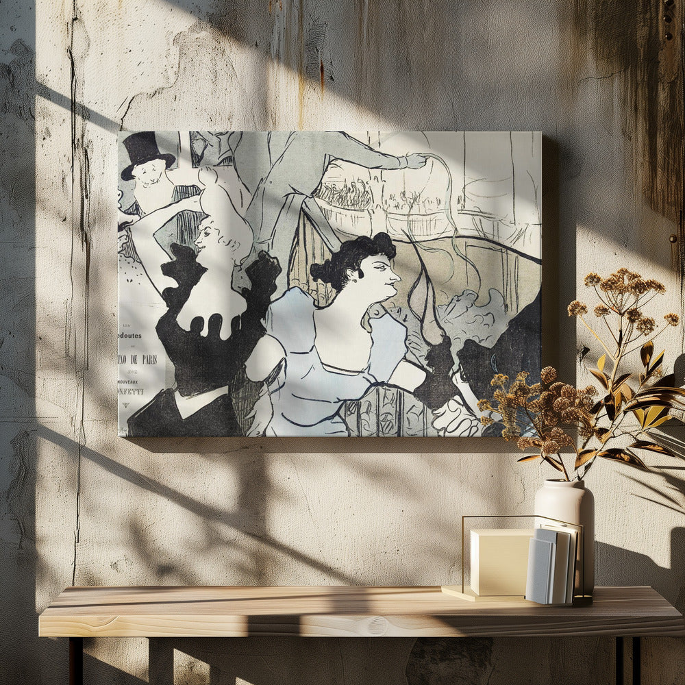 A framed Art Nouveau print by Henri de Toulouse-Lautrec depicting a bustling scene at the Casino de Paris. The lithograph features stylized figures, including a woman in a light blue dress and another in black, with a smiling man in a top hat in the background, all rendered with bold black lines and a limited color palette. Artwork