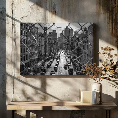 A high-angle, black and white photograph of a bustling New York City street viewed through a chain-link fence. The fence is in the foreground, framing the scene of traffic-filled streets, historic buildings with fire escapes, and skyscrapers in the distance under a cloudy sky. Wall Art