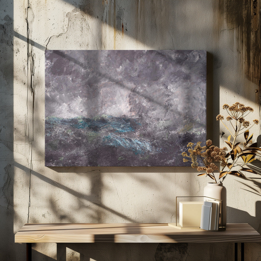 An abstract horizontal painting in a simple silver frame. The artwork features heavy texture and depicts a stormy scene, possibly a seascape. The top two-thirds is a tumultuous sky of dark and light grey swirls. The bottom third shows chaotic waves rendered in shades of dark grey, deep blue, teal, and white. Artwork