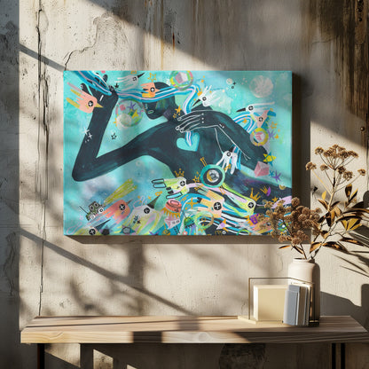 A vibrant abstract painting featuring a dark silhouette of a person against a turquoise background. The figure is surrounded by a chaotic explosion of colorful shapes, including stylized birds, stars, crowns, and geometric forms, creating a dynamic and dreamlike scene. Poster