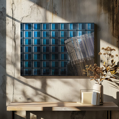 An architectural abstract photograph featuring a modern building facade with a grid of blue and black square windows, contrasted by a curved, slatted structure in the foreground, all enclosed in a silver frame. Wall Art