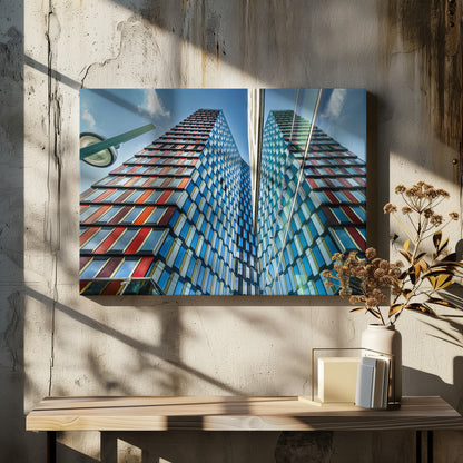 A low-angle shot of a modern skyscraper with a colorful facade of blue, red, and orange geometric panels, reflected in an adjacent glass building under a bright blue sky, all enclosed in a silver frame. Poster