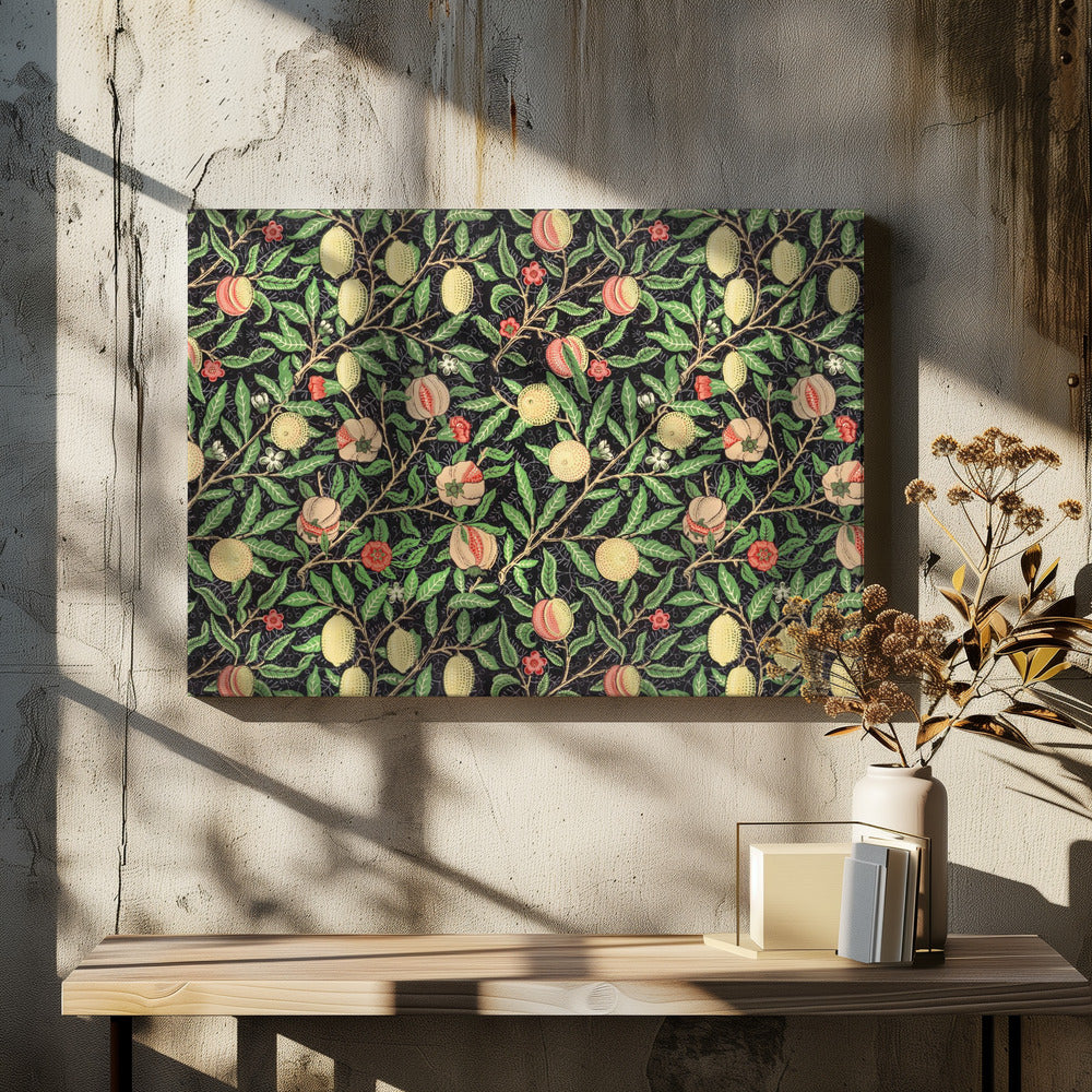 A framed vintage botanical pattern featuring various fruits like lemons, peaches, and pomegranates on twisting branches with green leaves and small flowers, all set against a dark, detailed background. The style is reminiscent of William Morris. Wall Art