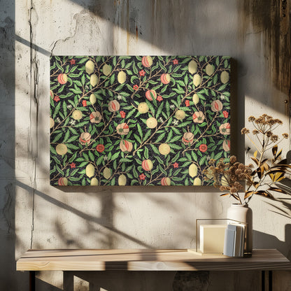 A framed vintage botanical pattern featuring various fruits like lemons, peaches, and pomegranates on twisting branches with green leaves and small flowers, all set against a dark, detailed background. The style is reminiscent of William Morris. Wall Art