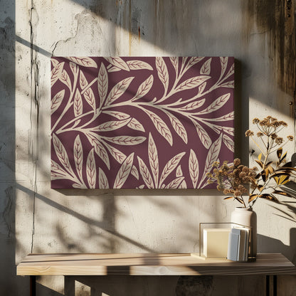 A framed piece of art with a repeating pattern of stylized, cream-colored leaves and branches on a deep burgundy background. The frame is a simple silver. Poster