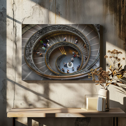A framed, high-angle photograph looking down into the center of a grand spiral staircase. The gray stone steps spiral downwards, flanked by ornate, dark bronze railings. Numerous people are scattered along the stairs, appearing small from the overhead perspective, giving a sense of the structure's massive scale. Artwork