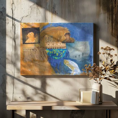 An abstract mixed-media collage in a silver frame, featuring prominent blue and orange painted sections. The collage includes images of the Roman Colosseum, a weather map, a framed silhouette, a historical portrait, a map of Italy, and various photographic scenes, creating a layered and complex composition. Wall Art