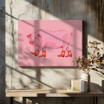 A whimsical illustration of a large pink pig walking to the left, wearing a set of four red cowboy boots, each decorated with a yellow star. The background is a solid light pink, and the artwork is enclosed in a silver frame. Artwork