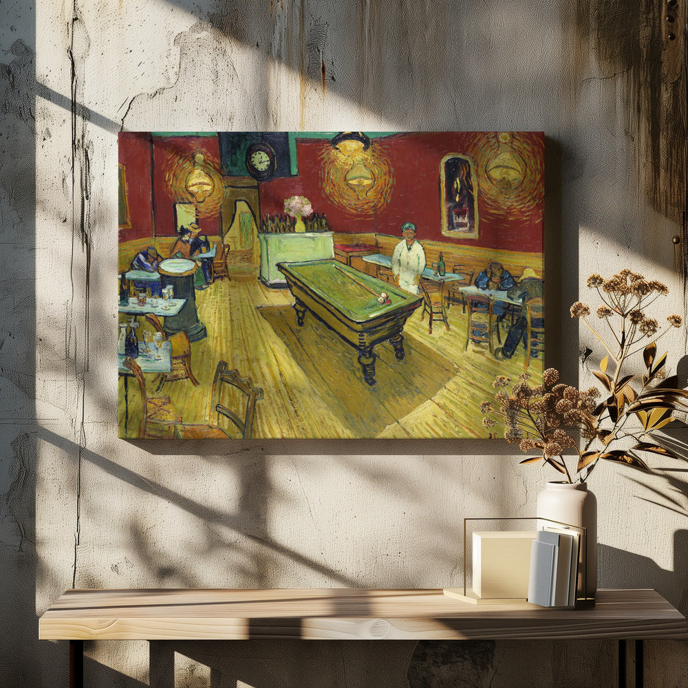 The Night Café by Vincent van Gogh, a famous post-impressionist painting depicting the interior of a late-night café. The room features a central green billiard table, stark red walls, and a bright yellow floor, all illuminated by glowing ceiling lamps. A few patrons are scattered at tables, creating a somber atmosphere. Decor