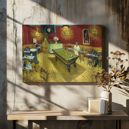 The Night Café by Vincent van Gogh, a famous post-impressionist painting depicting the interior of a late-night café. The room features a central green billiard table, stark red walls, and a bright yellow floor, all illuminated by glowing ceiling lamps. A few patrons are scattered at tables, creating a somber atmosphere. Decor