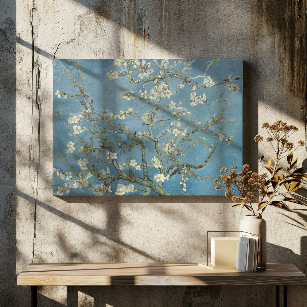 A framed print of Vincent van Gogh's painting 'Almond Blossom,' featuring delicate white blossoms on gnarled branches set against a vibrant turquoise-blue sky. Poster