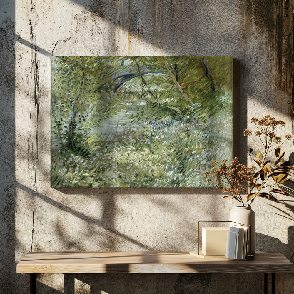 A framed impressionist painting by Vincent van Gogh, depicting the banks of a river. The scene is lush with green foliage and trees. In the foreground, white and blue flowers bloom in the tall grass. A bridge is partially visible in the background through the leaves. The brushwork is energetic and textured. Print