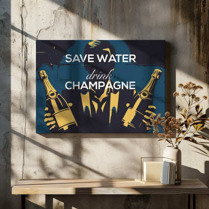 A vintage-style poster with the phrase 'SAVE WATER drink CHAMPAGNE' in white text. The background features a dark blue and black graphic of a man's silhouette in a suit, holding two golden-yellow bottles of champagne. Decor