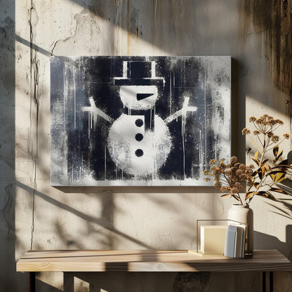 A framed black and white urban art piece featuring a stenciled snowman. The artwork has a gritty, street-art feel with spray paint texture, drips, and splatters on a dark, distressed background. The snowman is white with a black top hat, scarf, buttons, and nose. Decor
