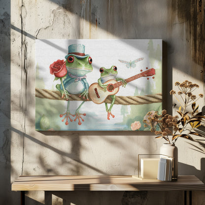 A whimsical watercolor illustration of two green frogs sitting on a thick rope. The frog on the left wears a blue top hat and holds a red rose, while the frog on the right serenades it with a small guitar. A dragonfly flies above them against a soft, natural background. Poster