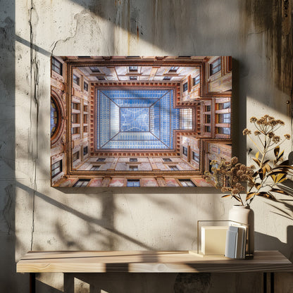 A worm's-eye view looking straight up from the center of an ornate, multi-story courtyard. The detailed walls create a symmetrical frame around a large glass skylight, which reflects a bright blue sky with fluffy white clouds. Print