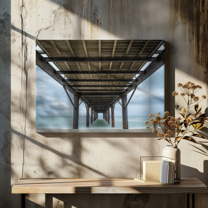 A symmetrical, low-angle photograph taken from underneath a long pier, looking out to sea. The rusty metal pilings and wooden planks of the pier create a receding perspective over the smooth, long-exposure water, all under a cloudy sky and presented within a silver frame. Poster