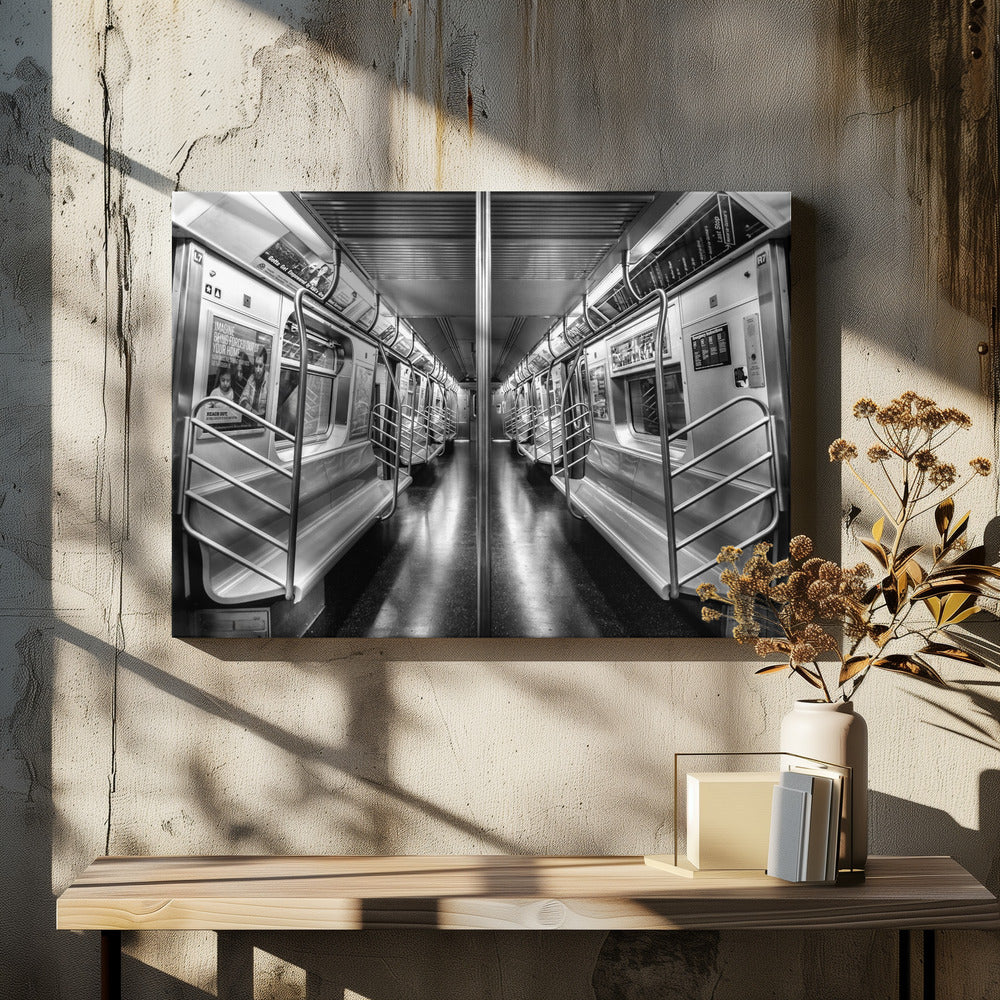 A framed, black and white photograph capturing a perfectly symmetrical view down the aisle of an empty subway car. The reflective, dark floor and the metallic seats and handrails create strong leading lines, giving the image a sense of depth and urban solitude. Wall Art