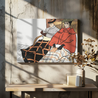 A vintage illustration by Edward Penfield depicting a man and a woman sitting in wooden chairs. The woman in the foreground wears a bright red cape and holds a book, with a white and red plaid blanket on her lap. The man behind her wears a grey coat and has a black and red plaid blanket covering his legs. Poster