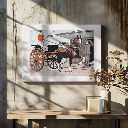 A vintage color illustration depicting a woman in a red jacket driving a two-wheeled carriage with large red wheels. The carriage is pulled by a brown horse. A man in a grey suit stands nearby, tipping his hat in greeting. Wall Art