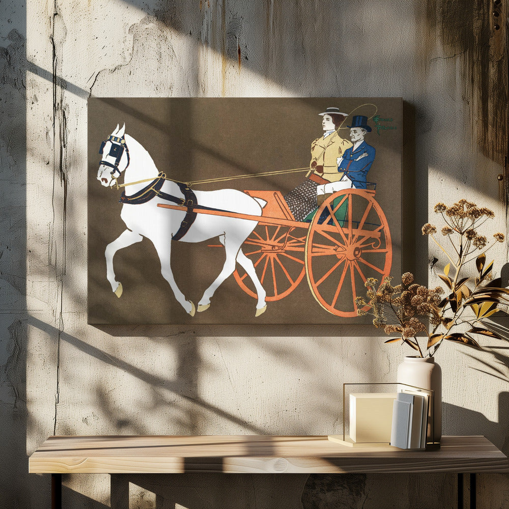 A vintage-style illustration of a white horse pulling an orange two-wheeled carriage against a dark brown background. A woman in a tan coat holds the reins, seated next to a man in a blue coat and top hat. Wall Art