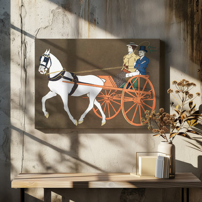 A vintage-style illustration of a white horse pulling an orange two-wheeled carriage against a dark brown background. A woman in a tan coat holds the reins, seated next to a man in a blue coat and top hat. Wall Art