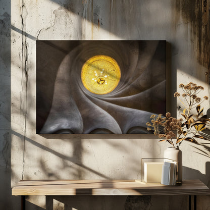 A worm's-eye view of an ornate, golden chandelier set against a swirling, textured dark grey ceiling. The spiraling architectural feature draws the eye to the brightly lit fixture, creating an abstract and dramatic composition. Poster