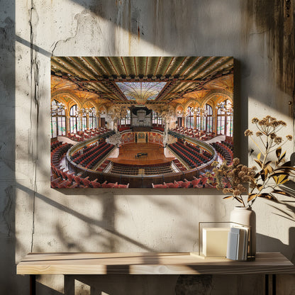 A high-angle, wide shot of the ornate and lavish interior of the Palau de la Música Catalana in Barcelona. The view captures the entire concert hall, with its curved balconies filled with red seats, a central wooden stage with a grand piano, and a spectacular, large stained-glass skylight in the ceiling. Poster