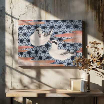 A vintage Japanese woodblock print featuring two white birds with black markings. The birds are set against a blue background with a dark blue Asanoha geometric pattern and reddish-pink, cloud-like shapes. The artwork is enclosed in a silver frame. Wall Art