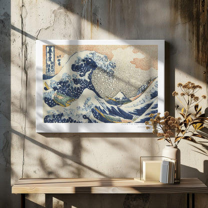 A framed, textured print of Katsushika Hokusai's 'The Great Wave off Kanagawa.' The iconic blue and white wave towers over boats, with a small Mount Fuji in the background under an orange-tinted sky. The artwork has a woven, tapestry-like appearance. Poster