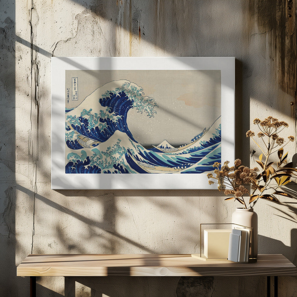 The Great Wave off Kanagawa by Hokusai, a framed Japanese woodblock print depicting a giant, menacing blue and white wave cresting over three boats, with a small Mount Fuji visible in the background under a muted, overcast sky. Artwork
