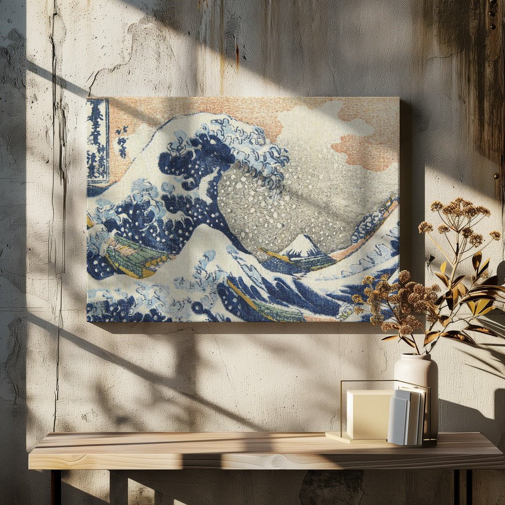 A framed reproduction of Hokusai's 'The Great Wave off Kanagawa,' depicting a massive, curling blue wave with white foam cresting over fishing boats. In the background, a small, snow-capped Mount Fuji stands under a pale orange and grey sky. Poster