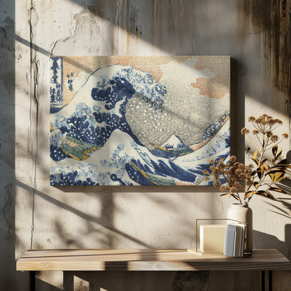 A framed reproduction of Hokusai's 'The Great Wave off Kanagawa,' depicting a massive, curling blue wave with white foam cresting over fishing boats. In the background, a small, snow-capped Mount Fuji stands under a pale orange and grey sky. Poster