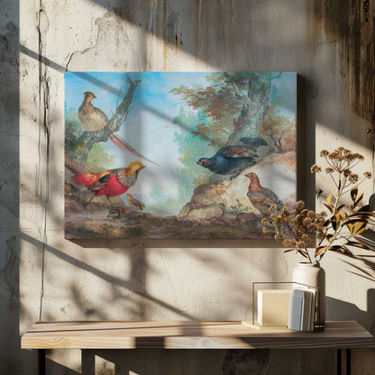 A vintage-style painting of various game birds in a natural, wooded landscape, enclosed in a silver frame. A vibrant golden pheasant and its chicks are on the left, while a black grouse perches on a rock and another stands on the ground to the right. A female pheasant sits on a tree branch above. Poster