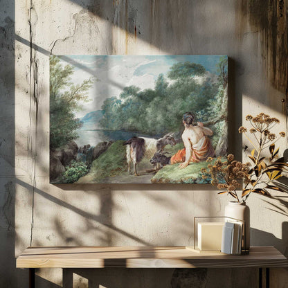 A painting or illustration depicting a shepherdess with her goats in a natural landscape, featuring a calm lake. Wall Art