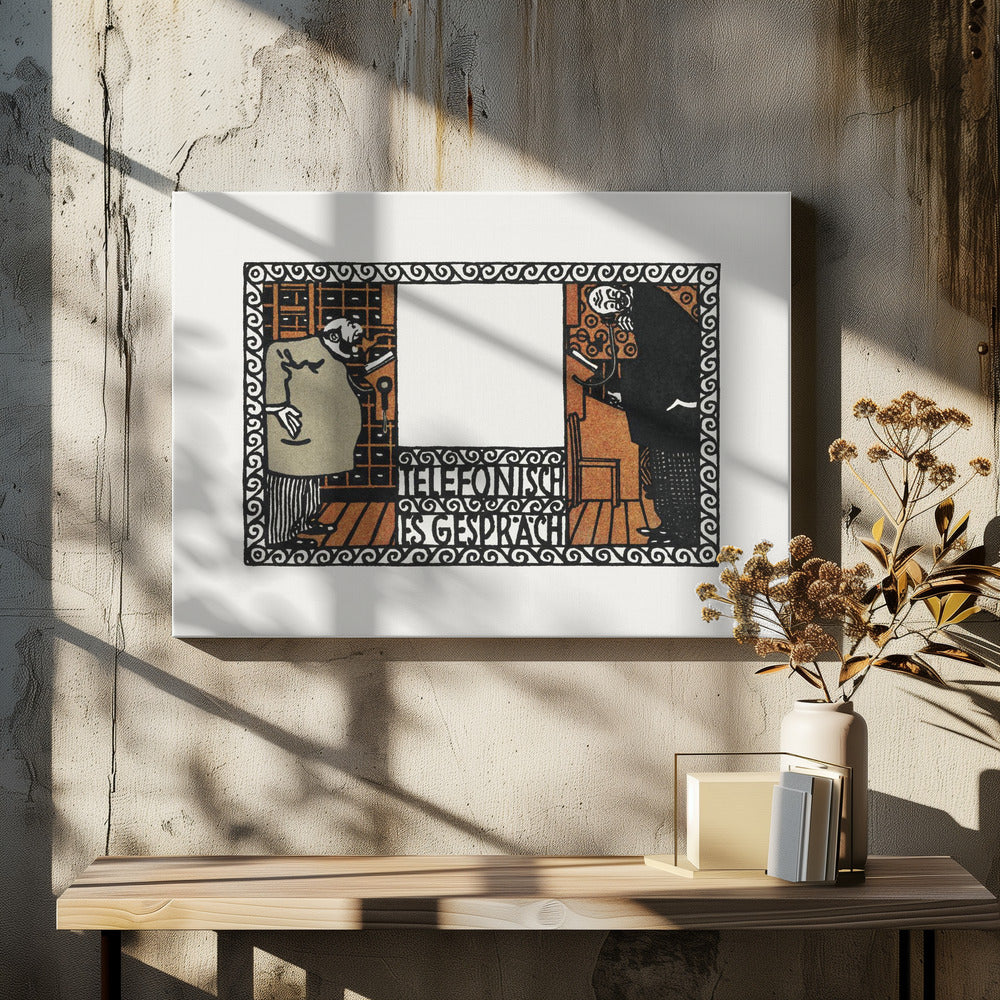 A vintage German art print titled 'Telefonisches Gespräch' (Telephone Conversation). The graphic illustration shows two stylized men on opposite sides of a central panel, talking on old-fashioned telephones. The artwork features a limited color palette of black, orange, and beige, with an ornate, repeating pattern border. Print