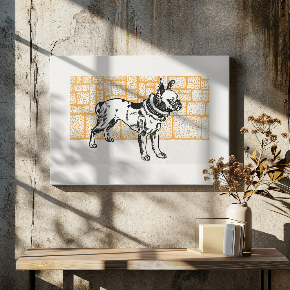 A vintage-style block print illustration of a black and white French Bulldog standing in profile. The dog has large ears and a thick collar, and it is set against a yellow-orange background with a textured brick pattern. The artwork is matted in white and displayed in a silver frame. Wall Art