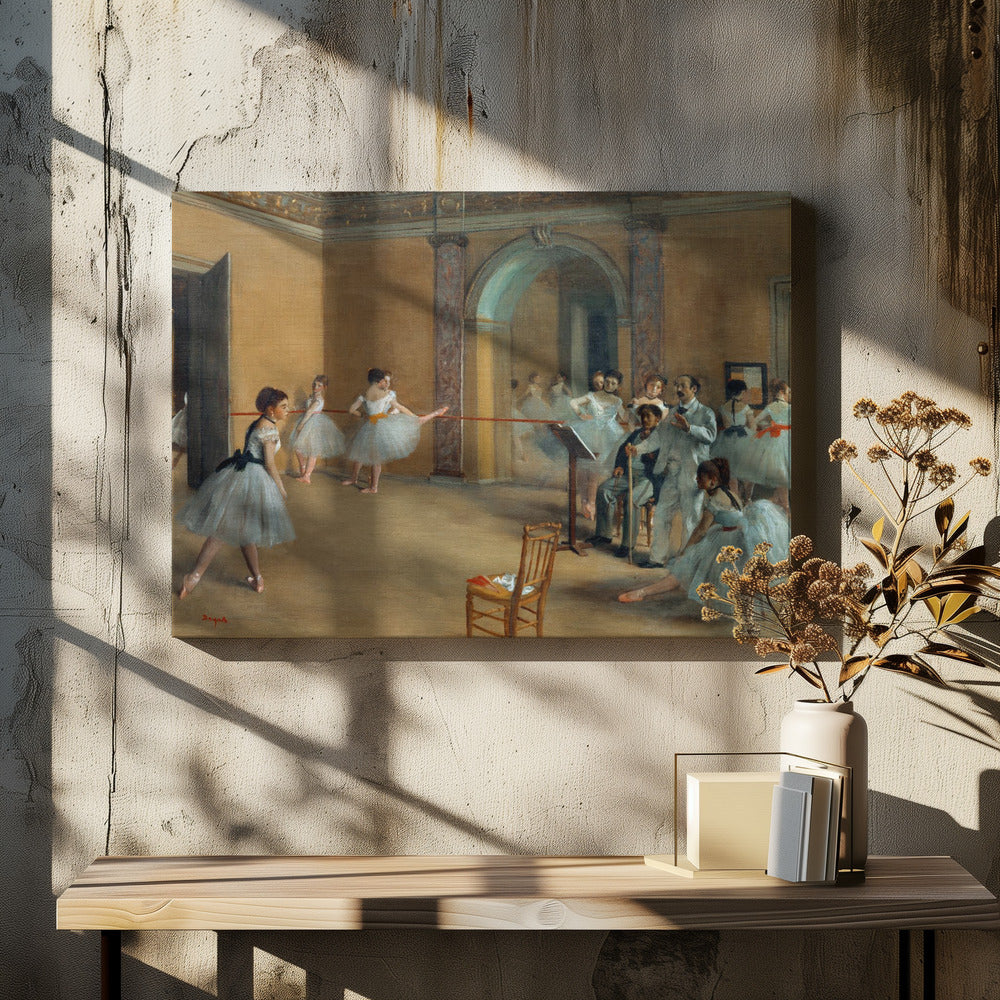 A classic impressionist painting by Edgar Degas titled 'The Dance Class', depicting a ballet rehearsal in a studio with warm, earthy walls. Young ballerinas in light blue tutus practice at the barre while an instructor and other figures observe. Decor