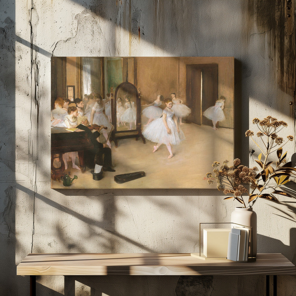 A framed print of Edgar Degas's impressionist painting, 'The Dance Class,' depicting a ballet rehearsal room with several ballerinas in white tutus. A musician plays the violin in the foreground, and the warm-toned room features a large mirror reflecting the dancers. Wall Art