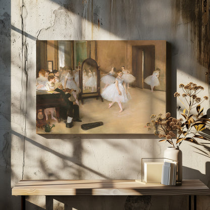 A framed print of Edgar Degas's impressionist painting, 'The Dance Class,' depicting a ballet rehearsal room with several ballerinas in white tutus. A musician plays the violin in the foreground, and the warm-toned room features a large mirror reflecting the dancers. Wall Art