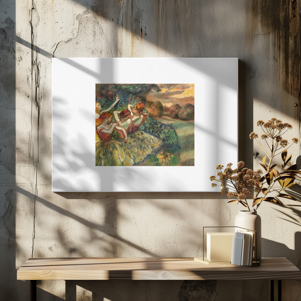 A framed print of Edgar Degas's Impressionist painting 'The Curtain Falls', featuring four ballet dancers in red bodices and green tutus. They are positioned amidst green scenery with a warm, sunset-lit landscape in the background. Artwork