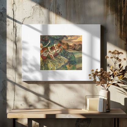 A framed print of Edgar Degas's Impressionist painting 'The Curtain Falls', featuring four ballet dancers in red bodices and green tutus. They are positioned amidst green scenery with a warm, sunset-lit landscape in the background. Artwork