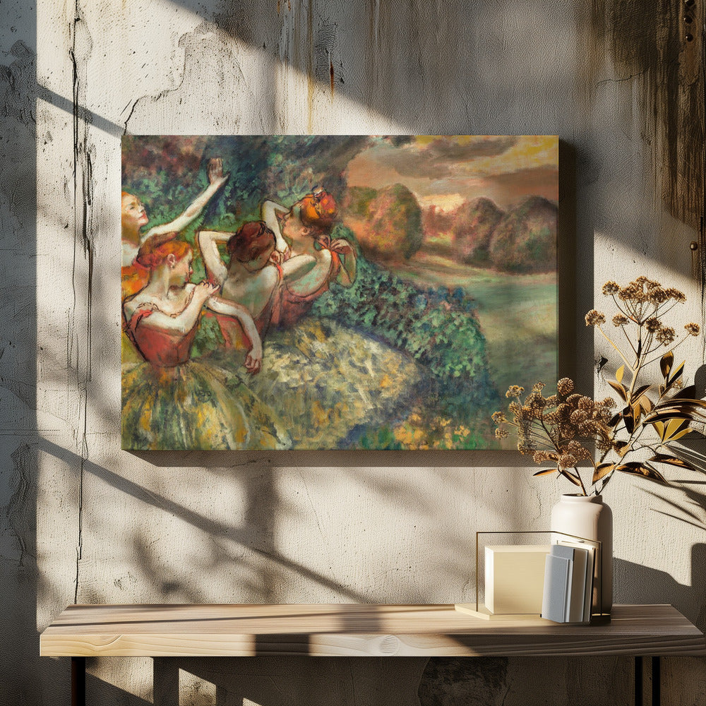 An impressionistic painting of four ballerinas in a lush outdoor setting. Dressed in orange bodices and yellow-green tutus, they are captured in candid moments of rest and preparation against a backdrop of green foliage and a warm sunset landscape. Poster